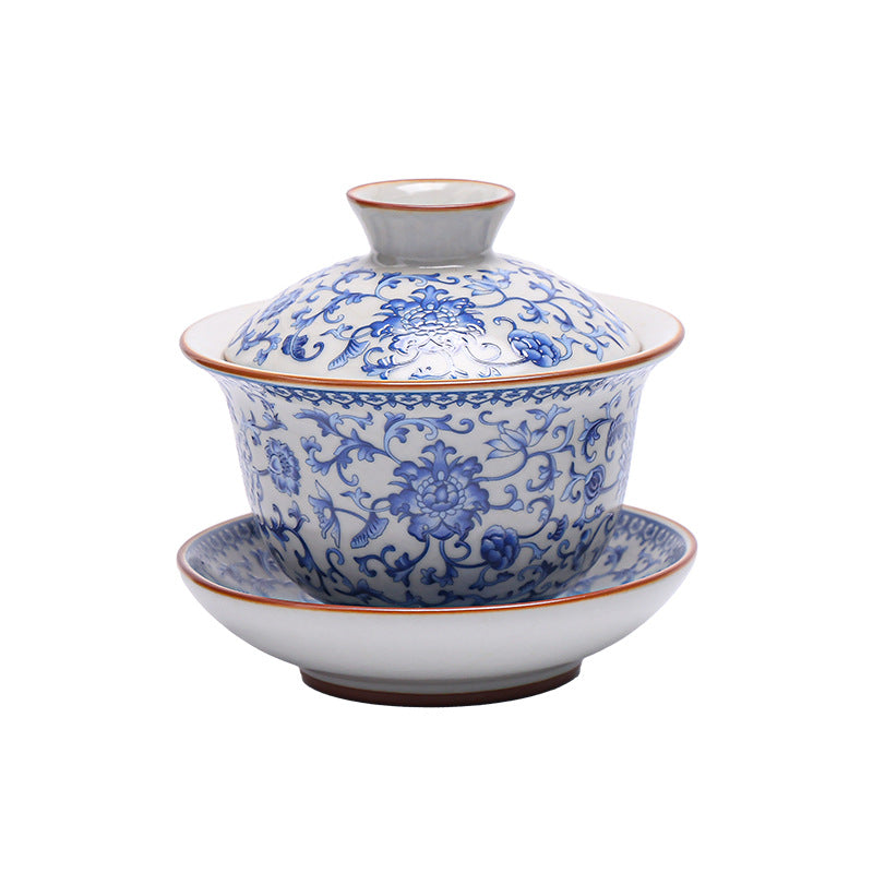 Ru Kiln Blue-and-White Gaiwan - 200ml Antique-Style Tea Set with Interlocking Flower Design (10.5cm Diameter, 9.9cm Height)