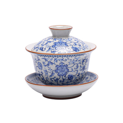 Ru Kiln Blue-and-White Gaiwan - 200ml Antique-Style Tea Set with Interlocking Flower Design (10.5cm Diameter, 9.9cm Height)