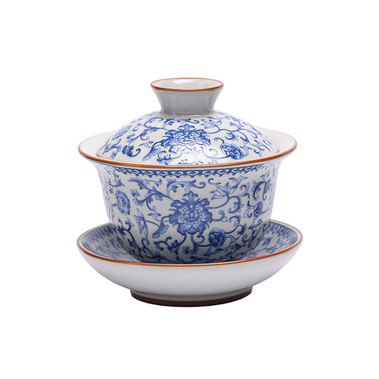 Ru Kiln Blue-and-White Gaiwan - 200ml Antique-Style Tea Set with Interlocking Flower Design (10.5cm Diameter, 9.9cm Height)