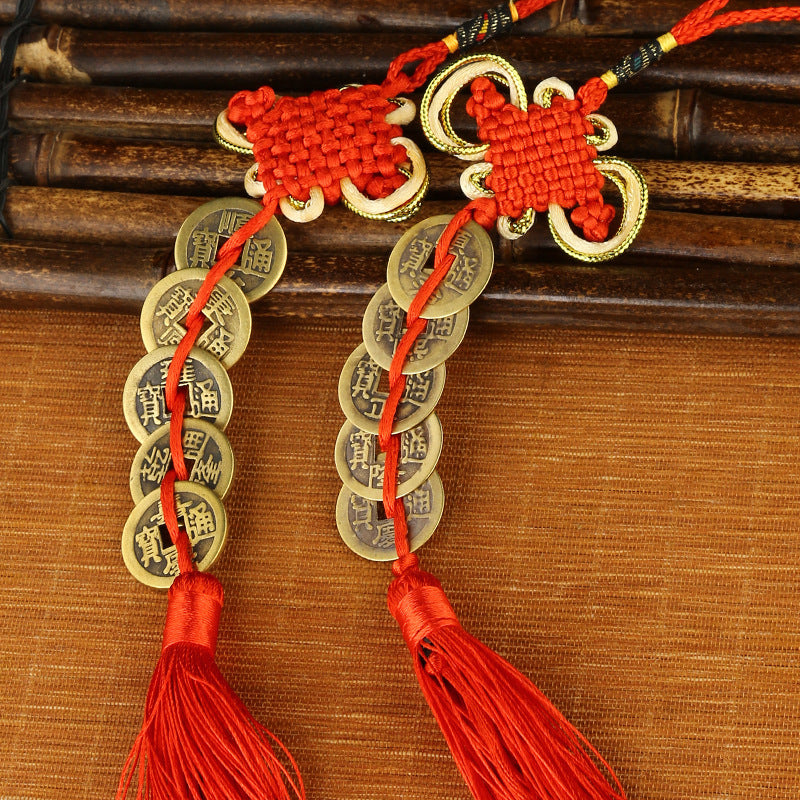 Handmade Feng Shui Hanging Antique Five Emperors Qi Coin Car Decor with Fulu Tassel