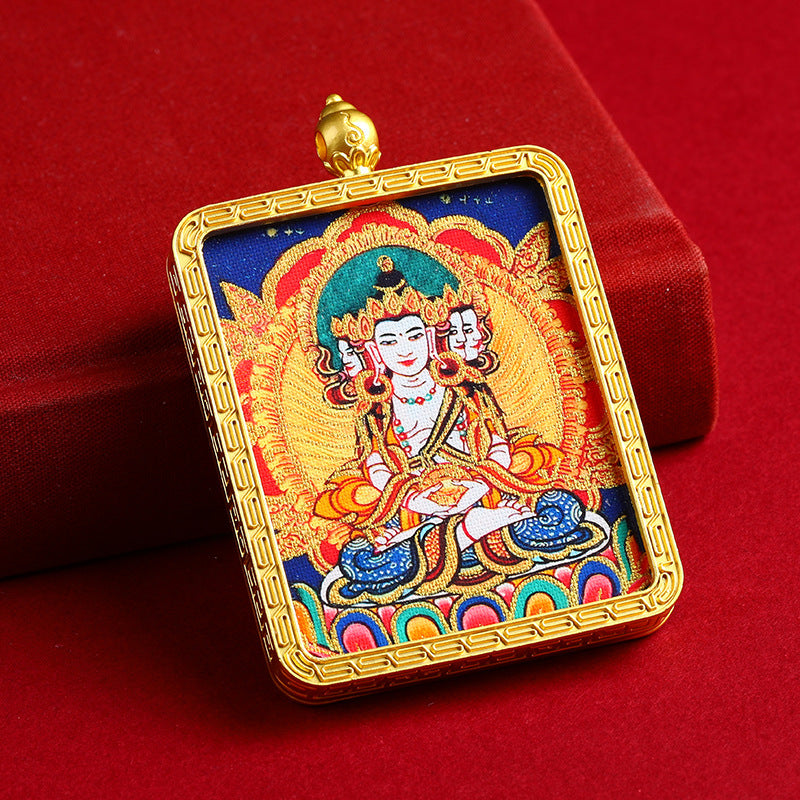 Portable Buddhist Thangka Pendant - Double-Sided Dragon Deity Amulet with Gold Accents - Eight Protector Deities Amulet Box
