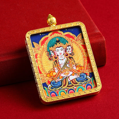 Portable Buddhist Thangka Pendant - Double-Sided Dragon Deity Amulet with Gold Accents - Eight Protector Deities Amulet Box