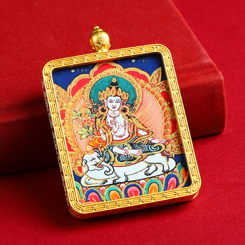 Portable Buddhist Thangka Pendant - Double-Sided Dragon Deity Amulet with Gold Accents - Eight Protector Deities Amulet Box
