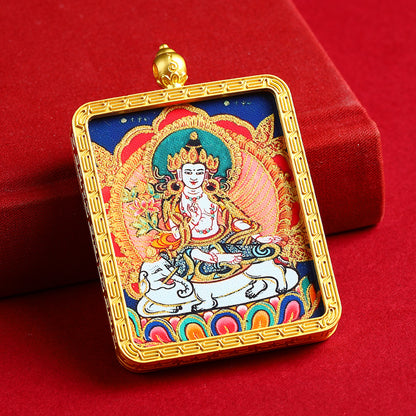 Portable Buddhist Thangka Pendant - Double-Sided Dragon Deity Amulet with Gold Accents - Eight Protector Deities Amulet Box