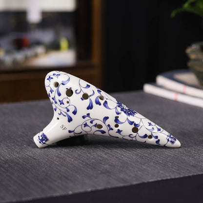12-Hole Alto C Ceramic Ocarina - Blue & White Porcelain Style (SF/SG/SC/AC Tuning, 18x10x5cm) with Music Sheet, Neck Strap & Carry Bag