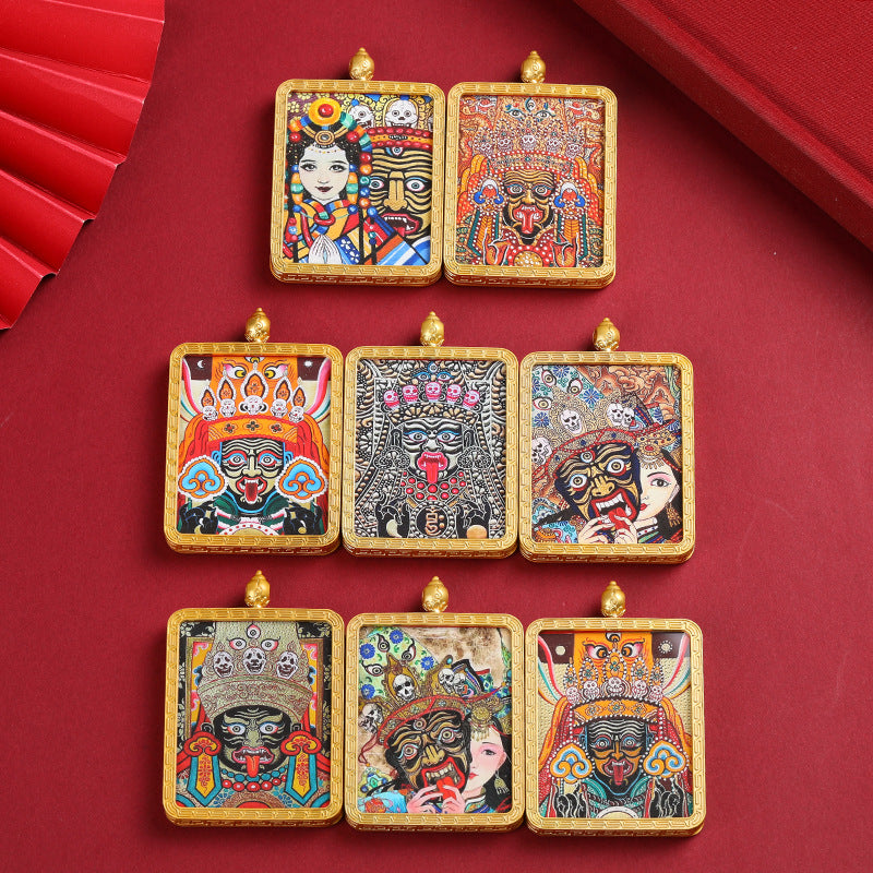 Zaki Ram Tibetan Thangka Pendant – Golden Square Pendant with Sacred Artwork