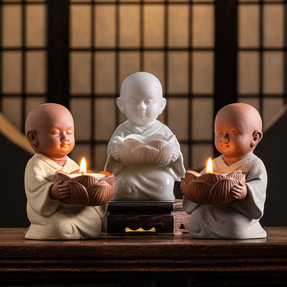 Zen Monk Ceramic Figurine with Lotus Candle Holder - Handcrafted Chinese Meditation Decor (9.8x7.8x12.3cm)