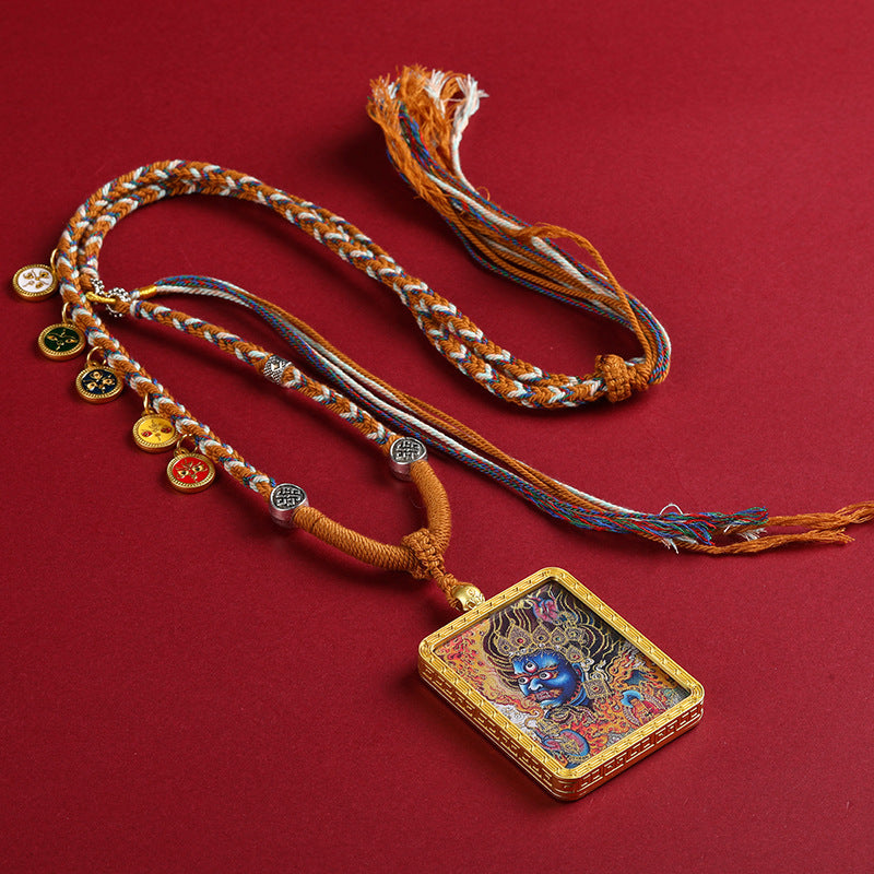 Gold Accented Mahakala Thangka Pendant - Tibetan Protector Deity Necklace