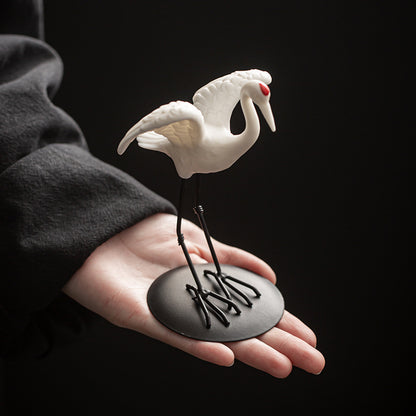 Chinese Ceramic Crane Decor Set - Auspicious Home Ornament with Iron Base (2 Sizes: 12cm/10cm Height)