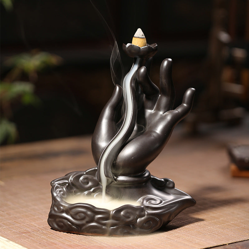 Ceramic Backflow Incense Holder - Buddha Hand Design with Smoke Waterfall Effect (14.5x16cm, Zen Home Decor)
