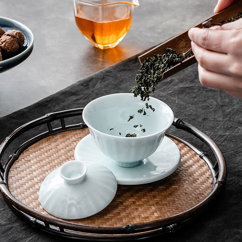 White Porcelain Gaiwan Tea Set - 125ml Covered Cup with Saucer (9.5cm Height, Heat-Resistant Design)