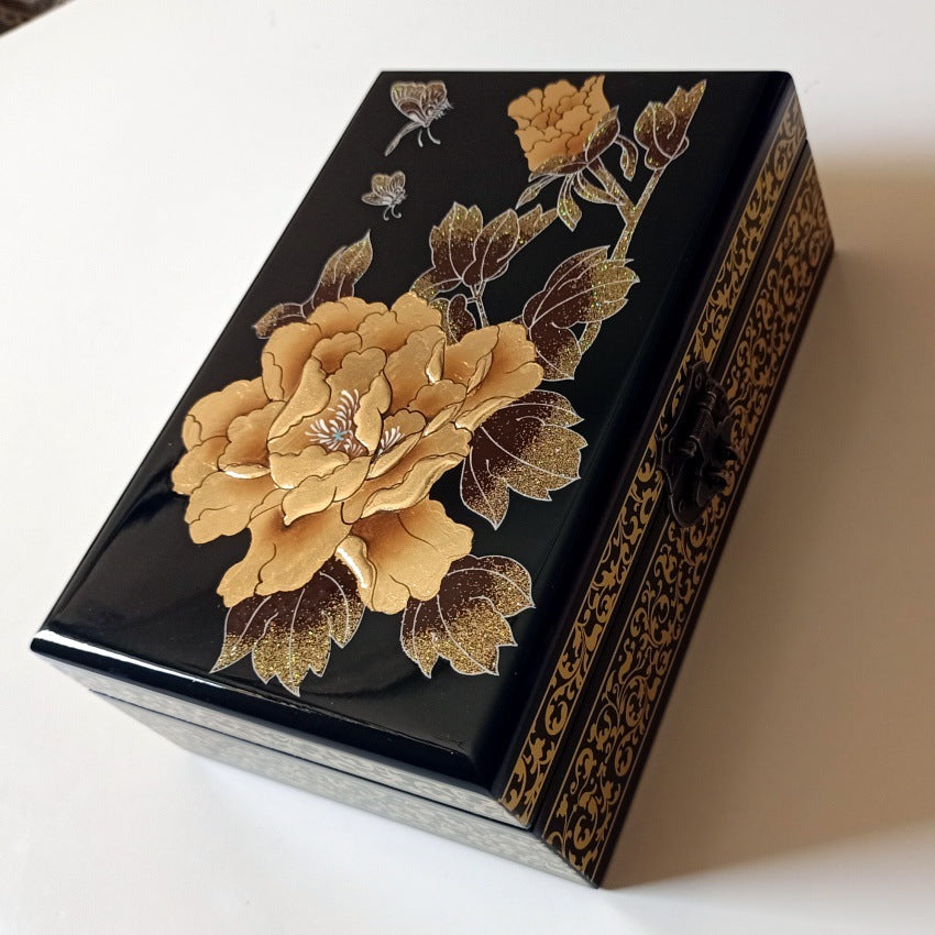 Chinese Red Lacquer & Gold Jewelry Case - Feng Shui Wooden Jewelry Organizer with Spacious Drawers, Elegant Gift Box for Women (Birthday/Anniversary/Wedding Present)