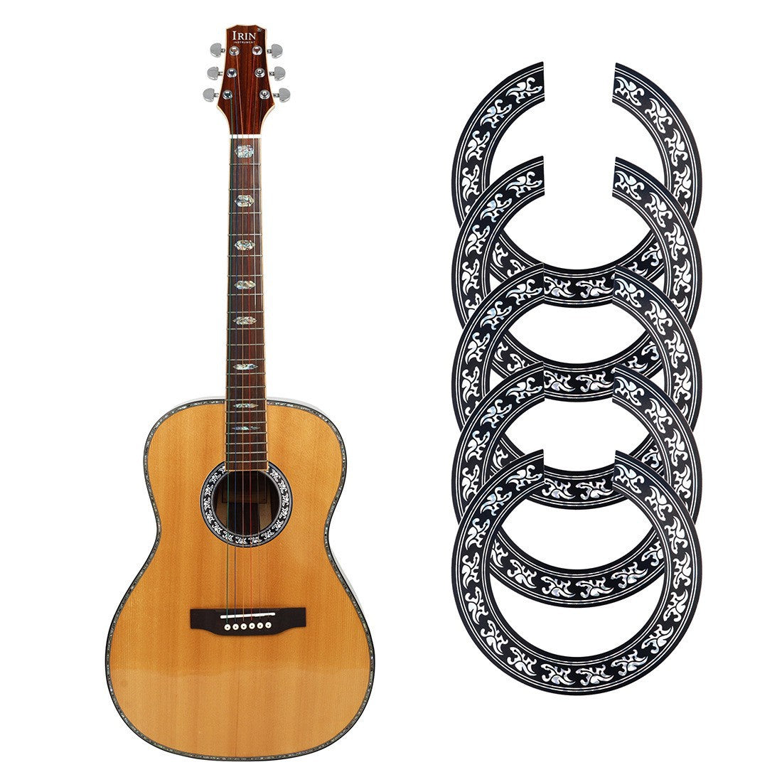 Classical Guitar Soundhole Decals Set (39-inch) - 5-Pack Black PVC Self-Adhesive Rosette Stickers