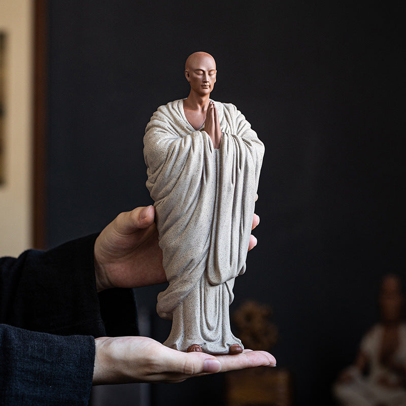 Zen Purple Clay Monk Figurines - Set of 6 Handcrafted Buddhist Statues for Tea Table & Home Decor