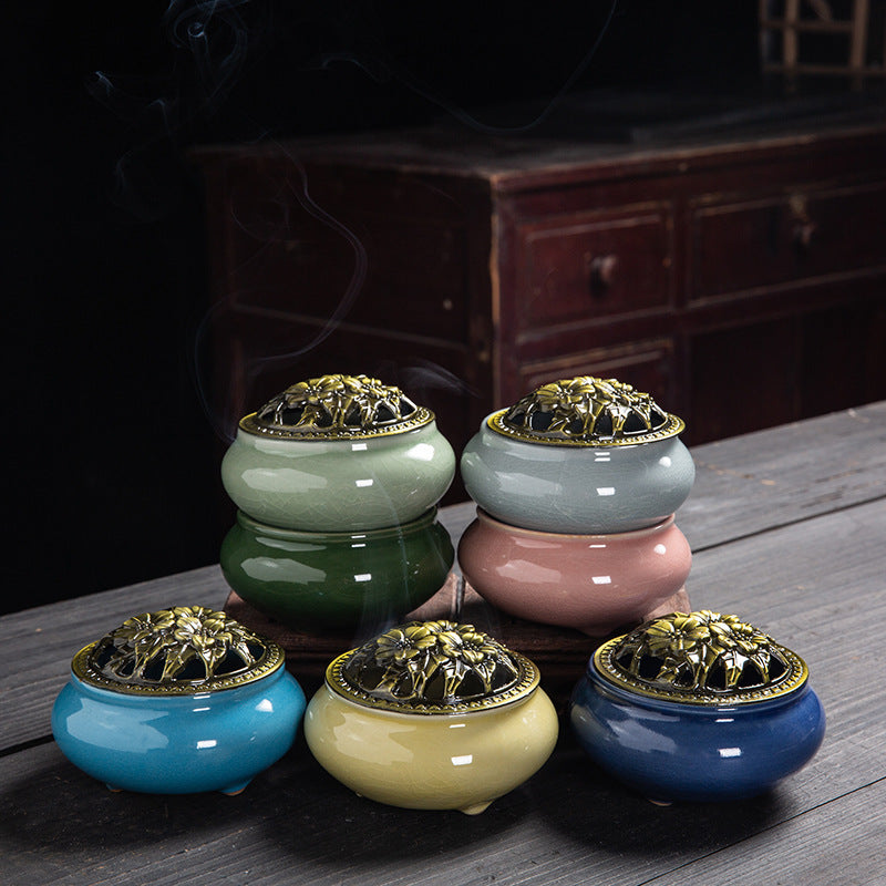 Beautiful Ice-Crack Porcelain Incense Burner with Pottery Plate for Relaxation and Meditation