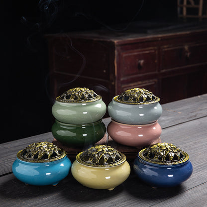 Beautiful Ice-Crack Porcelain Incense Burner with Pottery Plate for Relaxation and Meditation