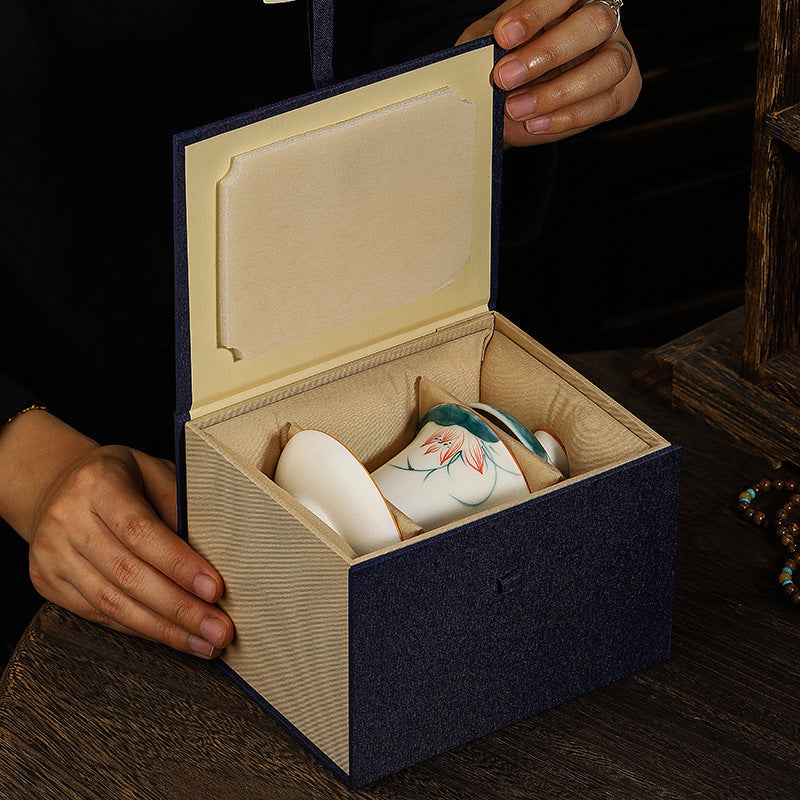 Hand-Painted Ru Porcelain Gaiwan, Ivory White Ceramic Tea Set, Crackle Glaze Three-Talent Bowl, Gongfu Tea Cup, 150ml