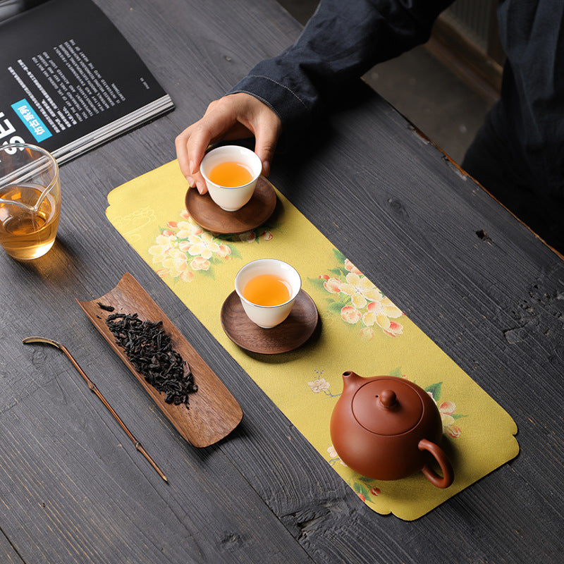 Silk Tea Ceremony Mat - Double-Sided Waterproof Tea Tray (45x15cm, Mulberry Silk with Non-Slip Base)