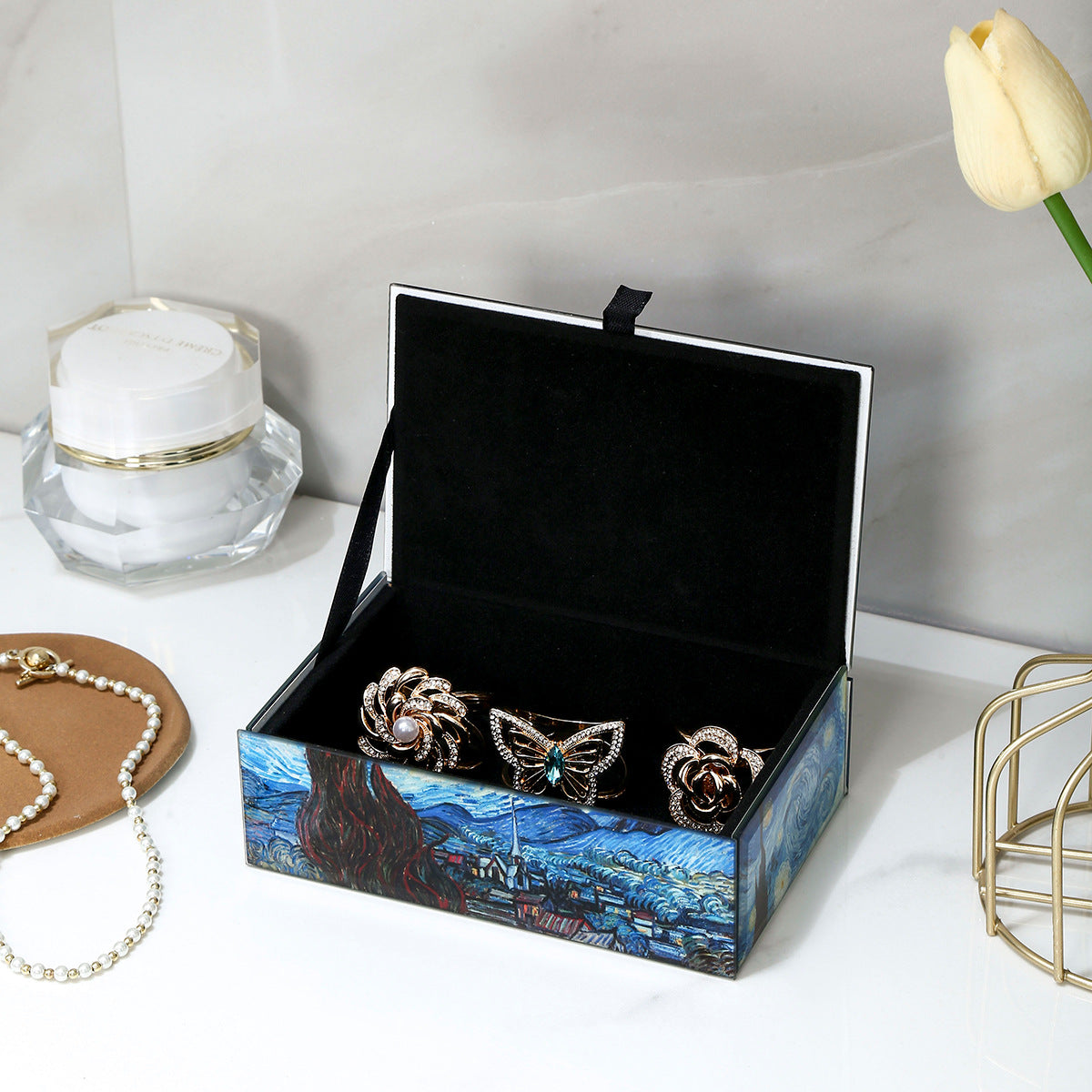 Van Gogh Starry Night Glass Jewelry Box - High-End Jewelry Organizer, Stylish Home Storage Box