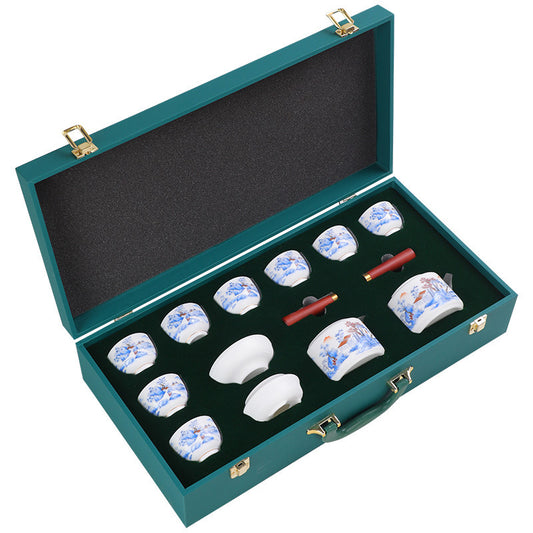 Hand-Painted Blanc de Chine Tea Set – Jade-Like Glazed Porcelain with Landscape Pattern, Side-Handle Teapot, Cups & Gift Box
