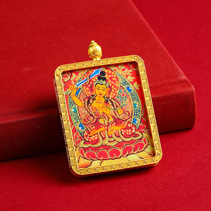 Hand-Painted Golden Eight Protector Deities Thangka Pendant - Tibetan Buddhist Amulet for Protection
