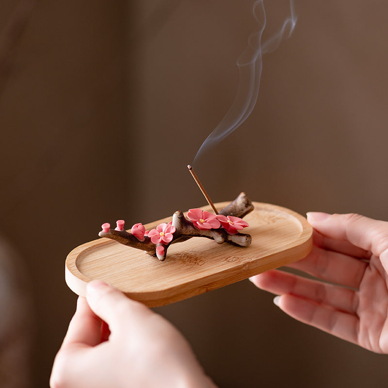Ceramic Peach Blossom Incense Holder with Wooden Base - Handcrafted Zen Desk Decor (11.5x3x2cm, 2mm Hole)