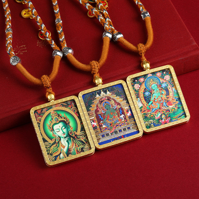 Gold-Finished Hand-Painted Green Tara Thangka Pendant Necklace