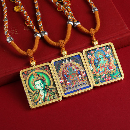 Gold-Finished Hand-Painted Green Tara Thangka Pendant Necklace