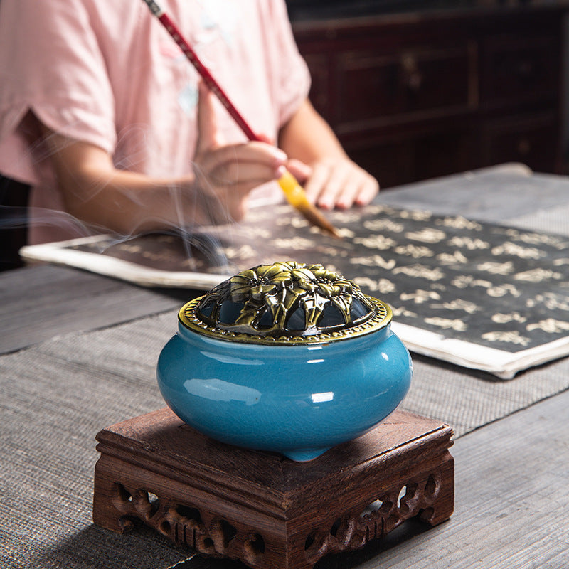 Beautiful Ice-Crack Porcelain Incense Burner with Pottery Plate for Relaxation and Meditation