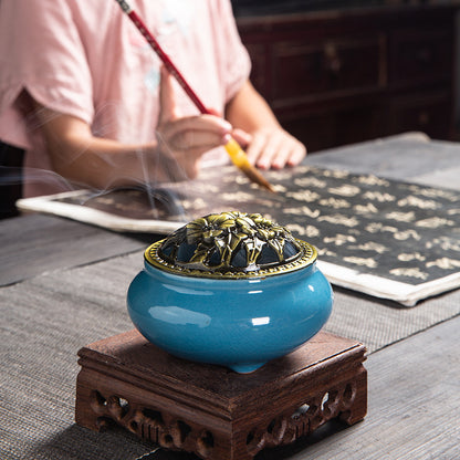 Beautiful Ice-Crack Porcelain Incense Burner with Pottery Plate for Relaxation and Meditation