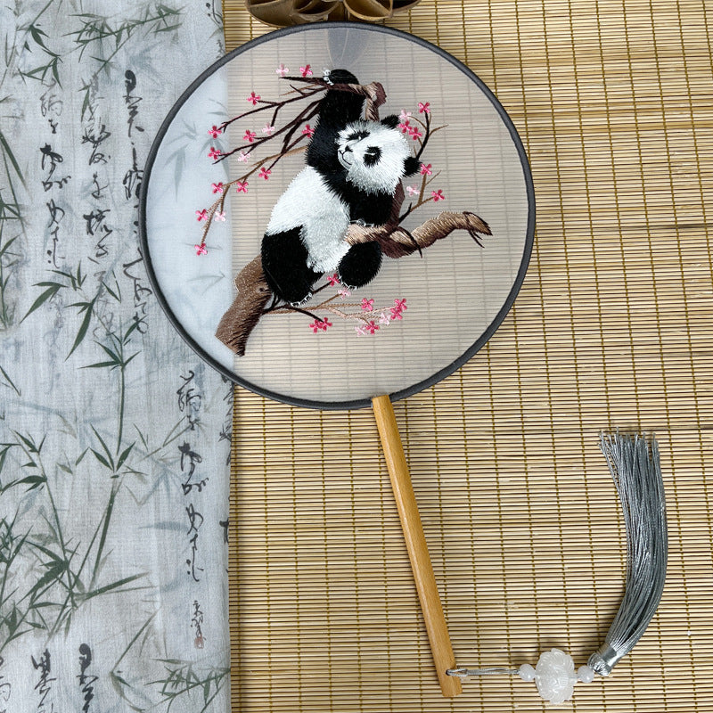 Chinese Double-Sided Embroidered Round Fan - Silk Gauze with Panda Design & Wood Handle (21cm Diameter, 15cm Handle, 100g)