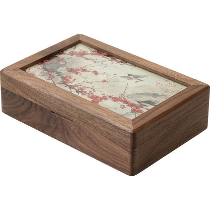 Walnut Wood Jewelry Box with Embroidered Lid - Chinese Style Gift with Velvet Lining (23x16x6.5cm, 0.78kg, 6 Embroidery Designs)