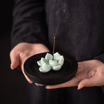 Lotus Ceramic Incense Holder - Zen Meditation Stick Incense Burner for Home & Tea Table (With Stable Base)