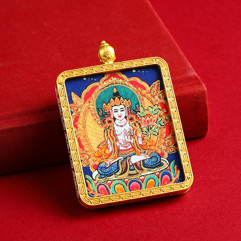 Portable Buddhist Thangka Pendant - Double-Sided Dragon Deity Amulet with Gold Accents - Eight Protector Deities Amulet Box