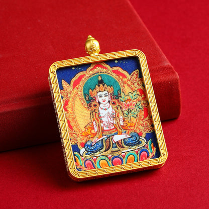 Portable Buddhist Thangka Pendant - Double-Sided Dragon Deity Amulet with Gold Accents - Eight Protector Deities Amulet Box