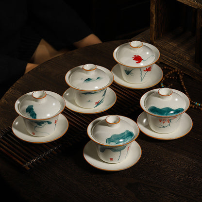 Hand-Painted Ru Porcelain Gaiwan, Ivory White Ceramic Tea Set, Crackle Glaze Three-Talent Bowl, Gongfu Tea Cup, 150ml