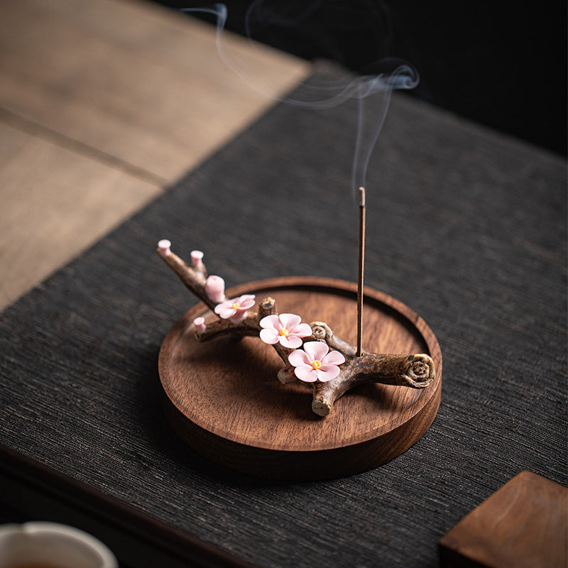 Handmade Ceramic Peach Blossom Incense Holder - Multi-functional Zen Decor for Sticks Incense (11.5x3x2cm)