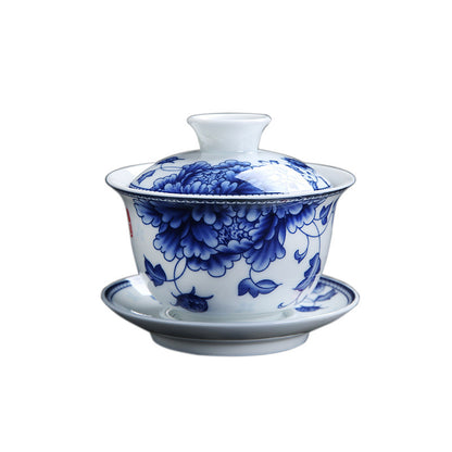 Blue and White Porcelain Gaiwan, Large High-White Glazed Tea Bowl, Japanese-Style Three-Component Set, 160ml