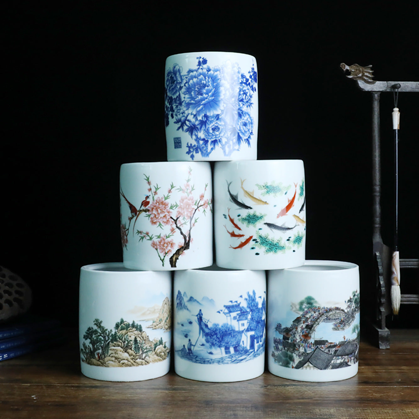 Jingdezhen Ceramic Brush Holder - 13 Classic Chinese Designs for Desk Organization (12cm Height, 10cm Diameter)