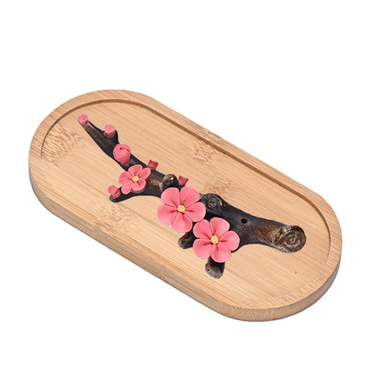 Ceramic Peach Blossom Incense Holder with Wooden Base - Handcrafted Zen Desk Decor (11.5x3x2cm, 2mm Hole)