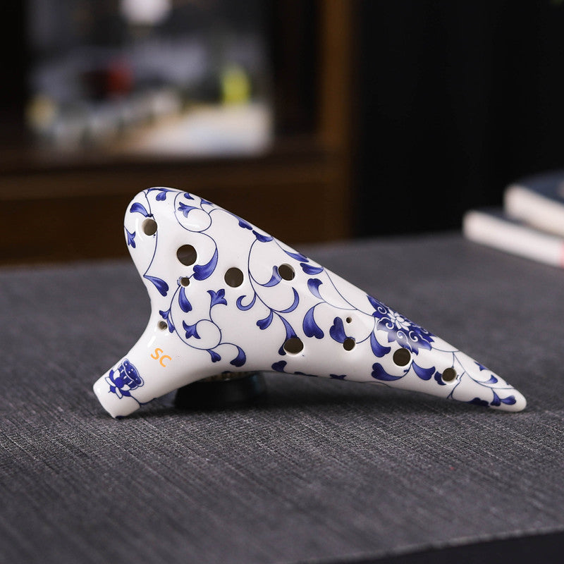 12-Hole Alto C Ceramic Ocarina - Blue & White Porcelain Style (SF/SG/SC/AC Tuning, 18x10x5cm) with Music Sheet, Neck Strap & Carry Bag