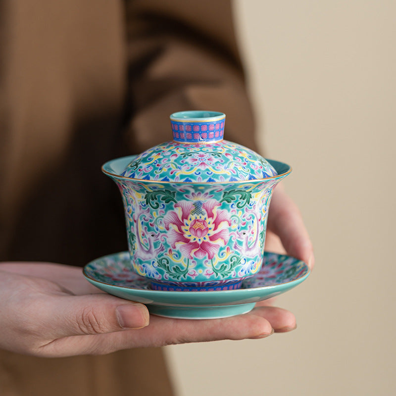 Chinese Enamel Floral Three-Lid Tea Bowl Set – Traditional Dragon Egg Teapot with Gold Trim