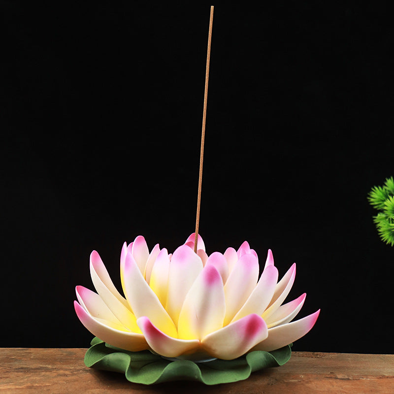 Handmade Ceramic Lotus Incense Holder - Zen Home Altar Decor with Leaf Base (14.5cm Flower, 600g Total)