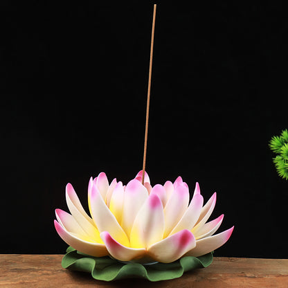 Handmade Ceramic Lotus Incense Holder - Zen Home Altar Decor with Leaf Base (14.5cm Flower, 600g Total)