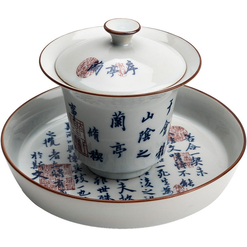 Blue & White "Orchid Pavilion" Tea Bowl - Handcrafted Ceramic Gongfu Tea Set with Tray (150ml, 9.5x9cm)