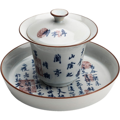 Blue & White "Orchid Pavilion" Tea Bowl - Handcrafted Ceramic Gongfu Tea Set with Tray (150ml, 9.5x9cm)