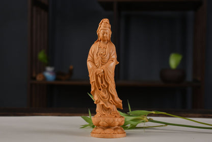 Guanyin Bodhisattva with Prayer Beads – Yellow-cedar Wood Carving for Home & Office Decor