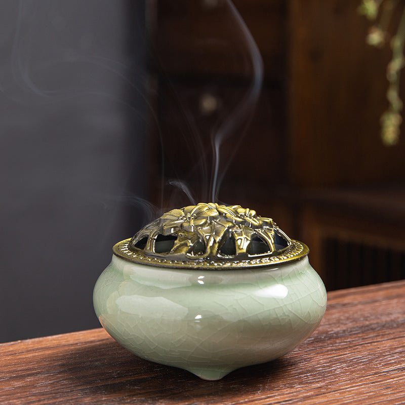 Beautiful Ice-Crack Porcelain Incense Burner with Pottery Plate for Relaxation and Meditation