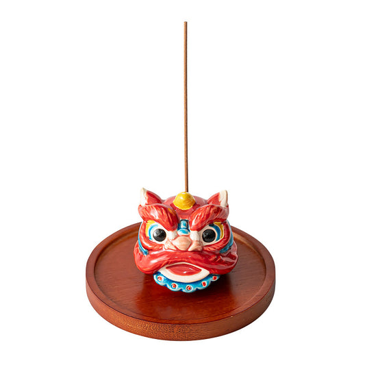 Lion Head Ceramic Incense Holder with Wood Base - Auspicious Animal Zen Decor (7x6x6cm, 10cm Wood Stand)