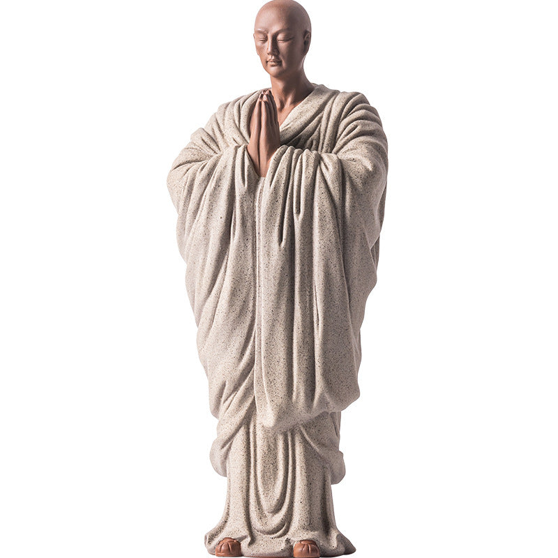 Zen Purple Clay Monk Figurines - Set of 6 Handcrafted Buddhist Statues for Tea Table & Home Decor